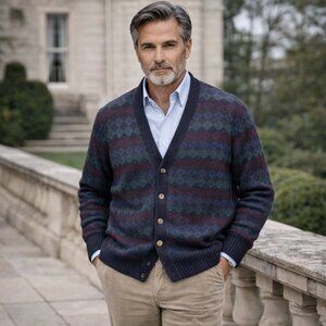 Vintage Christopher Hayes Shetland Wool Chunky Knit Argyle Cardigan Sweater XL